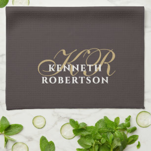Monogram Minimalist Brown Gold White Elegant Men Tea Towel