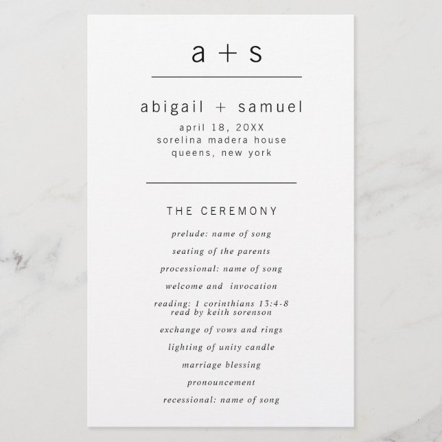 Monogram Minimalist Budget Wedding Program Flyer (Front)