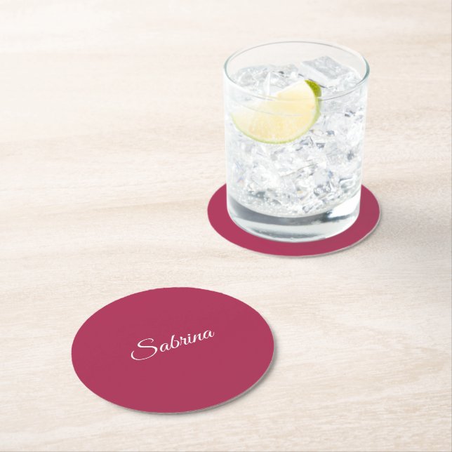 Monogram minimalist cherry rose pink round paper coaster (Insitu)