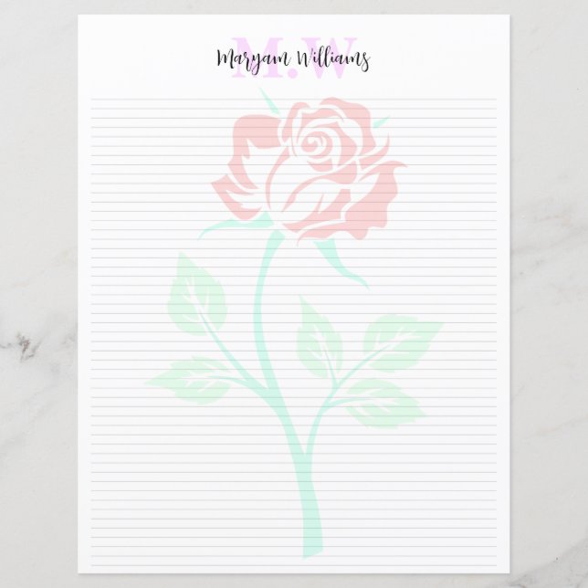 Monogram Minimalist Floral Name Stationery Paper (Front)