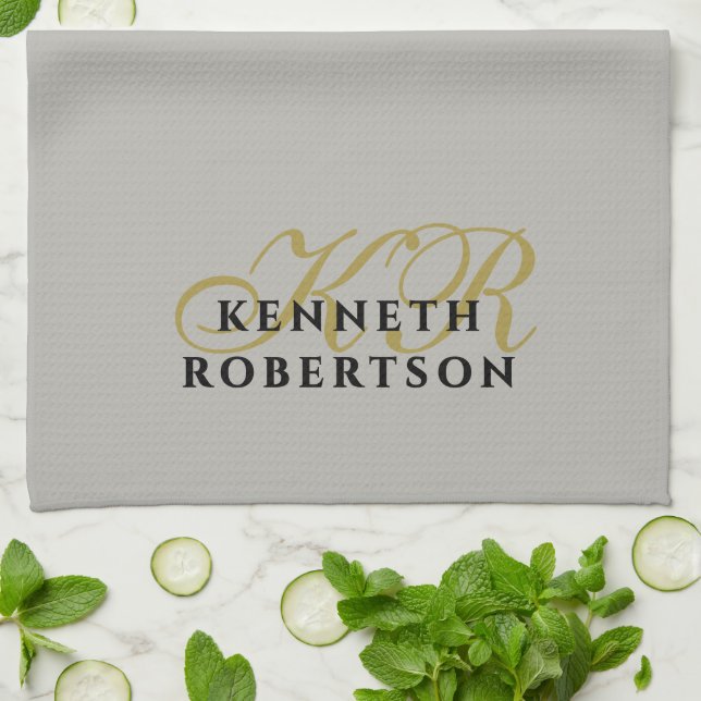  Monogram Minimalist Gray Gold Black Men Neutral Tea Towel (Folded)
