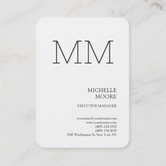 Monogram Minimalist Modern Plain White Business Card (Front)