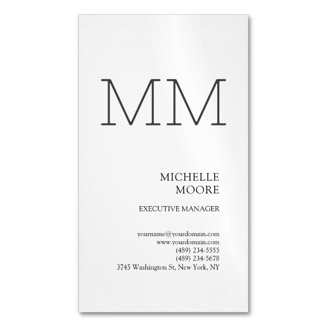 Monogram Minimalist Modern Plain White Magnetic Business Card (Front Vertical)