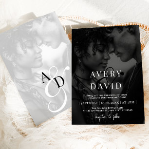 Monogram Minimalist Modern Wedding Black Photo Invitation