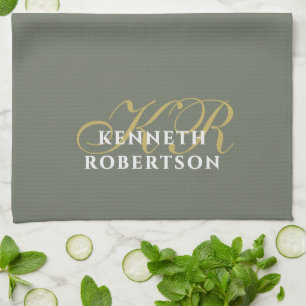  Monogram Minimalist Olive Green Gold White Men  Tea Towel