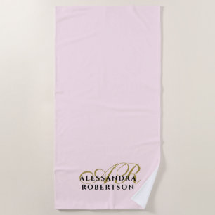Monogram Minimalist Pastel Pink Gold Black Elegant Beach Towel