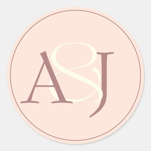 Monogram Minimalist Peachy Pink & Mauve Wedding Classic Round Sticker (Front)