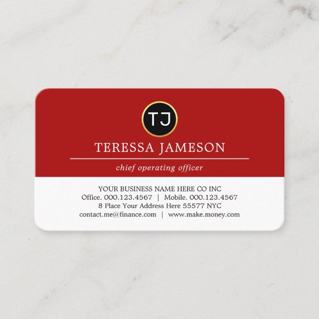Monogram Minimalist Red White Layer Business Card (Front)
