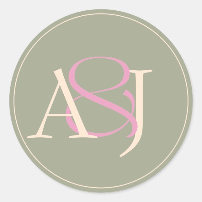 Monogram Minimalist Sage Green & Rose Pink Wedding Classic Round Sticker (Front)