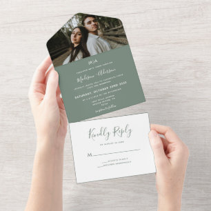 Monogram Minimalist Sage Green With Photo Wedding All In One Invitation