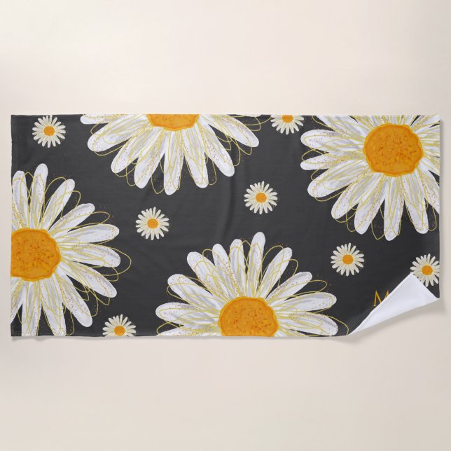 Monogram Minimalist Watercolol Chamomiles Beach Towel (Front)