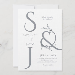 Monogram Minimalist White & Silver Modern Wedding  Invitation