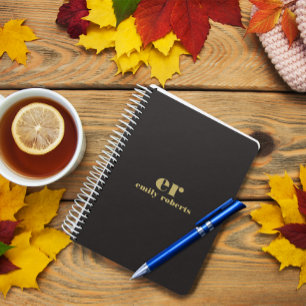 Monogram Minimalistic Black Linen Gold Typography Planner