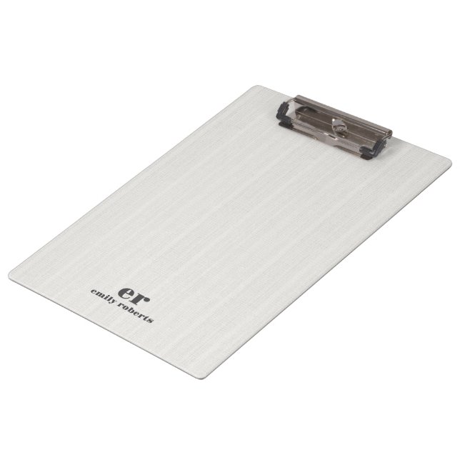 Monogram Minimalistic White Burlap Grey Typography Clipboard (Angled)
