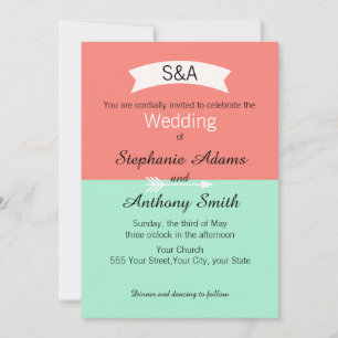 Monogram Mint and Coral Colour Block Wedding Invitation