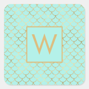 Monogram Mint and Gold Mermaid Scales Square Sticker