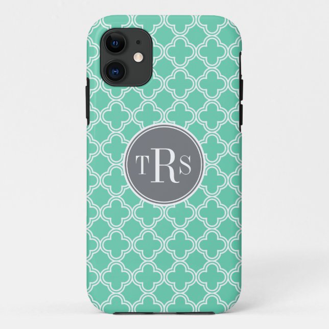 Monogram Mint and Grey Quatrefoil Pattern Case-Mate iPhone Case (Back)