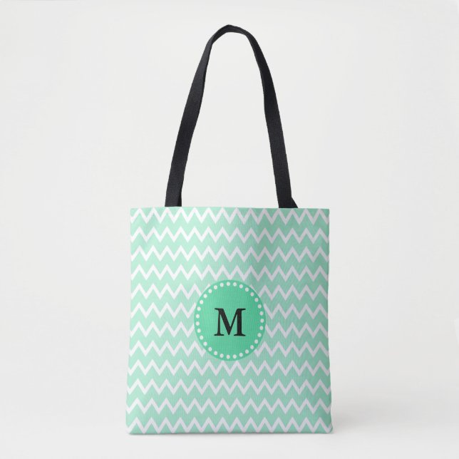 Monogram Mint Green and White Chevron Pattern Tote Bag (Front)