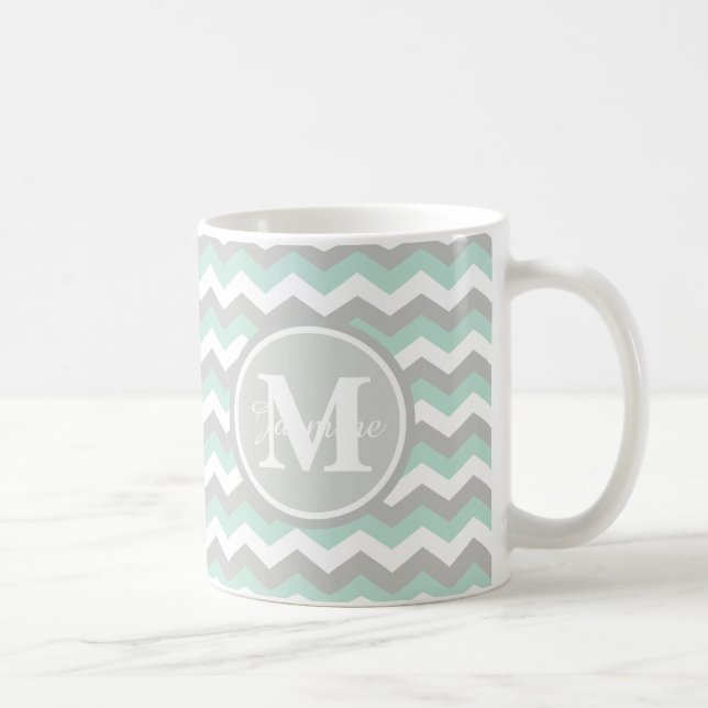 Monogram Mint Green Grey Chevron Zigzag Stripe Coffee Mug (Right)
