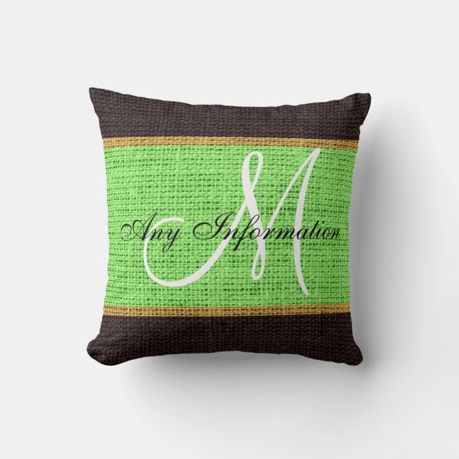 Monogram Mint green Rustic Burlap Jute Cushion (Front)