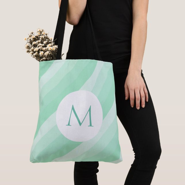 Monogram Mint Green Striped Personalised Template Tote Bag (Close Up)