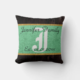 Monogram Mint Rustic Burlap Linen Wood Look Cushion