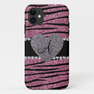 Monogram misty pink glitter zebra stripes heart Case-Mate iPhone case