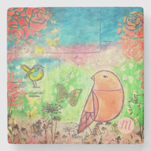Monogram Mixed Media Art with Birds    Stone Coaster