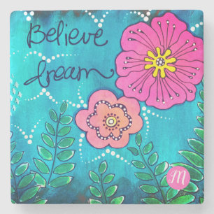 Monogram Mixed Media Art with Flowers Stone Coaster