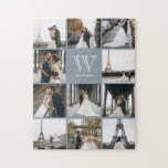 Monogram Modern 9 Photo Collage Dusty Blue Jigsaw Puzzle<br><div class="desc">Add 11 photos of your family or wedding day and add your custom monogram. Everyone will have fun putting this puzzle together.</div>