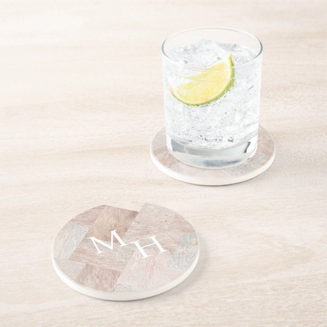 Monogram Modern Abstract Elegant Faux Stone Coaster (Side)