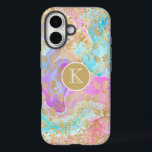 Monogram Modern Abstract Glitter Personalised iPhone 16 Case<br><div class="desc">Monogram Modern Abstract Glitter Personalised iPhone 16 Pro Max Case Phone Case features a colourful abstract liquid art background in pink, purple, red and blue with a pattern of gold flowers and accented with faux gold glitter and personalised with your custom monogram in the centre. Perfect gift for her for...</div>