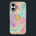 Monogram Modern Abstract Glitter Personalised iPhone 16 Case<br><div class="desc">Monogram Modern Abstract Glitter Personalised iPhone 16 Pro Max Case Phone Case features a colourful abstract liquid art background in pink, purple, red and blue with a pattern of gold flowers and accented with faux gold glitter and personalised with your custom monogram in the centre. Perfect gift for her for...</div>