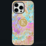 Monogram Modern Abstract Glitter Personalised iPhone 16 Pro Max Case<br><div class="desc">Monogram Modern Abstract Glitter Personalised iPhone 16 Pro Max Case Phone Case features a colourful abstract liquid art background in pink, purple, red and blue with a pattern of gold flowers and accented with faux gold glitter and personalised with your custom monogram in the centre. Perfect gift for her for...</div>