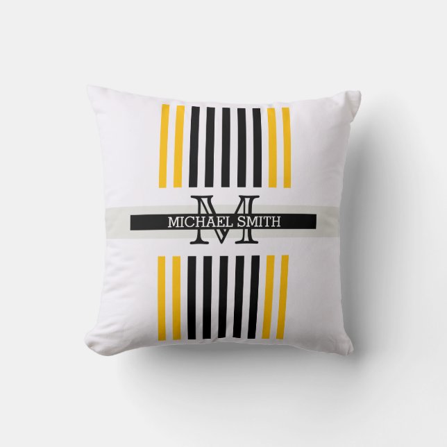 Monogram Modern Black Amber Stripes Pattern Cushion (Front)