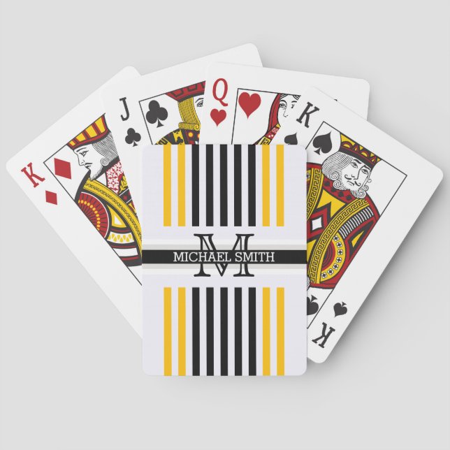 Monogram Modern Black Amber Stripes Pattern Playing Cards (Back)