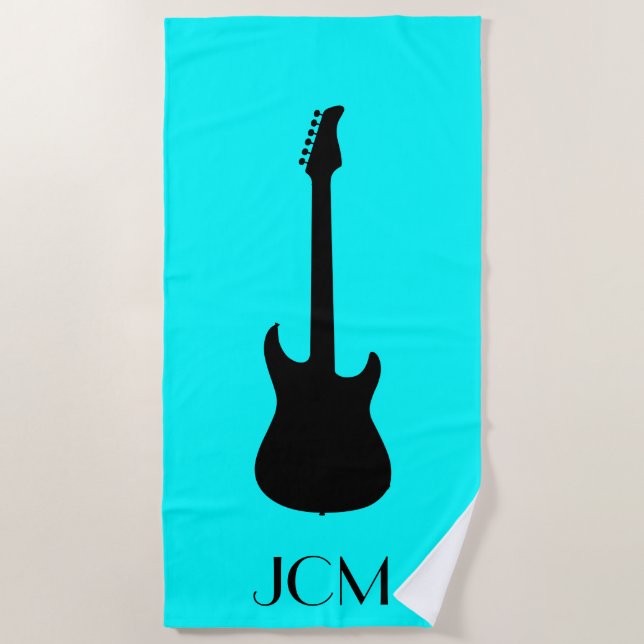 Monogram Modern Black Electric Guitar / Aqua Blue Beach Towel (Front)