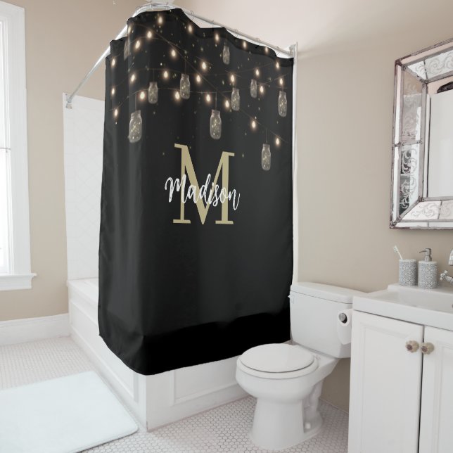 Monogram Modern Black Mason Jar Lights Shower Curtain (In Situ)