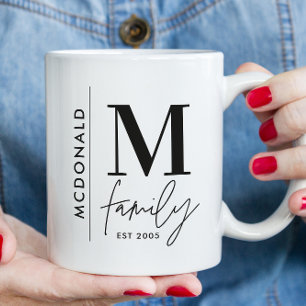 Monogram modern black personalised photo family coffee mug