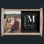 Monogram modern black personalised photo family serving tray<br><div class="desc">Monogram modern family navy black and white monochrome stylish elegant photo matching family gift. Ideal for family reunions,  vacations,  birthday and Christmas parties.</div>
