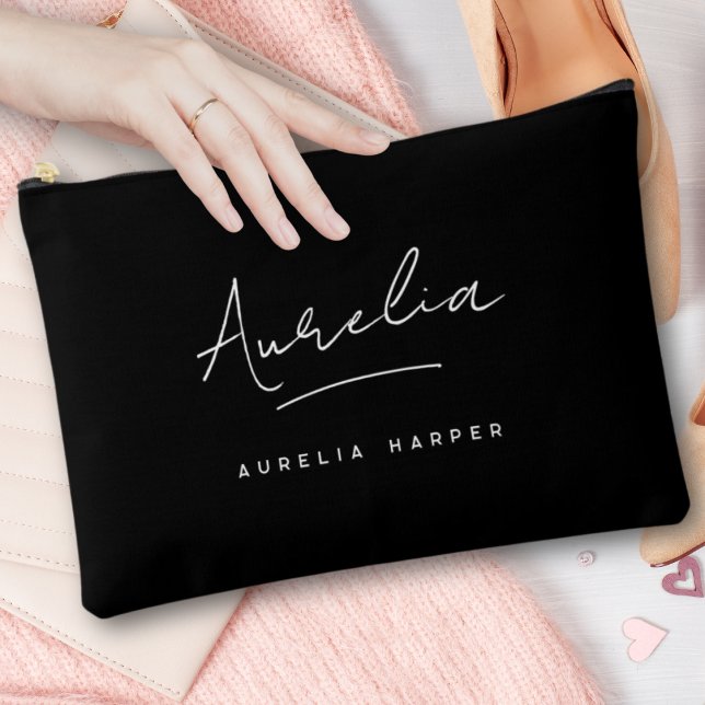Monogram Modern Black Script Name Trendy Signature Accessory Pouch (Creator Uploaded)