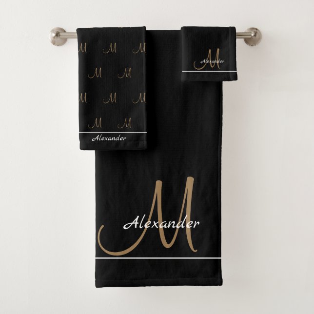 Monogram Modern Black White Gold Elegant  Bath Tow Bath Towel Set (Insitu)