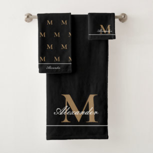 Monogram Modern Black White Gold Elegant Bath Tow Towel Set