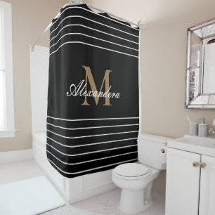 Monogram Modern Black White Gold Elegant Stripes Shower Curtain