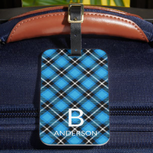Monogram Modern Blue Black Plaid Pattern Tartan Luggage Tag