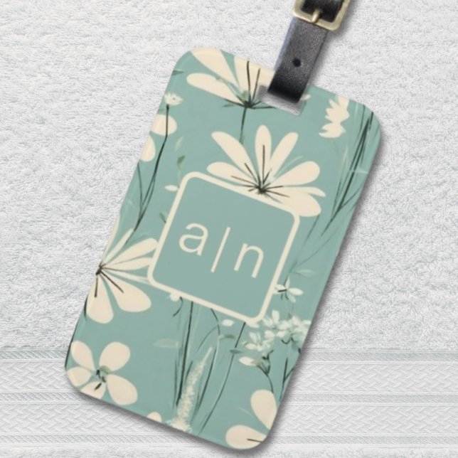 Monogram Modern Blue Floral  Luggage Tag (Creator Uploaded)