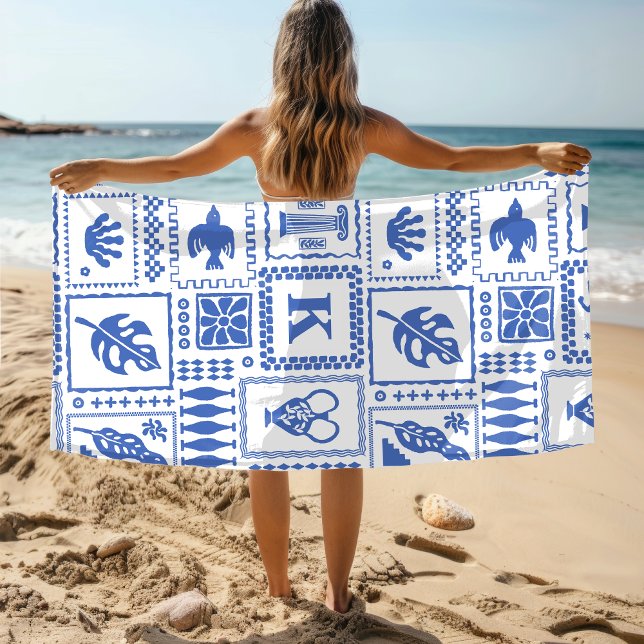 Monogram Modern Blue White Abstract Pattern Beach Towel (Creator Uploaded)