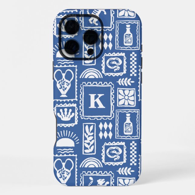 Monogram Modern Blue White Abstract Pattern iPhone Case (Back)