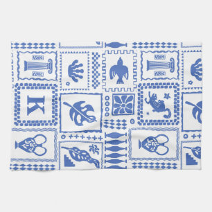 Monogram Modern Blue White Abstract Pattern Tea Towel