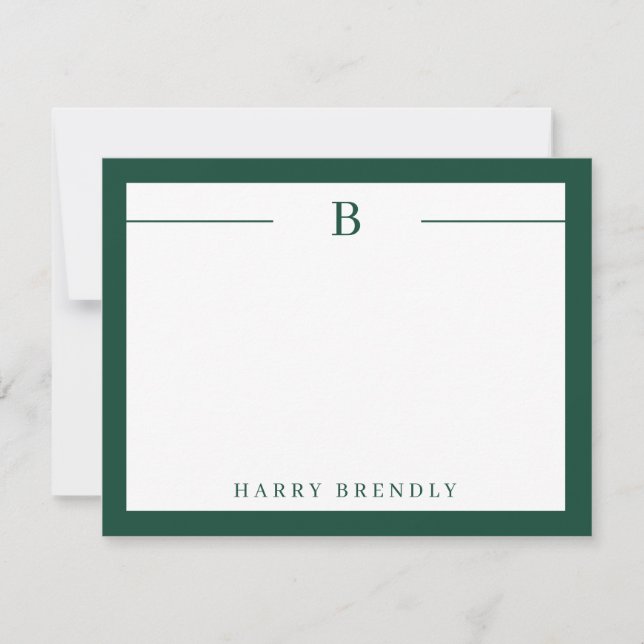 Monogram Modern Border Green White Flat Note Card (Front)